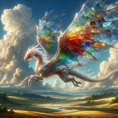 Primary subject: A colorful dragon flying in the sky.

Setting/background: The dragon is flying over a lush green field with a river below.

Visual style: The image is a digital art or illustration.

Colors and mood: The dragon is colorful, with a mix of red, white, and blue. The overall atmosphere is lively and vibrant.